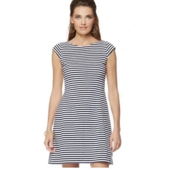 Lilly Pulitzer Dress Briella Navy White Stripe Cap Sleeve Zip Back A Line XS - Picture 3 of 11